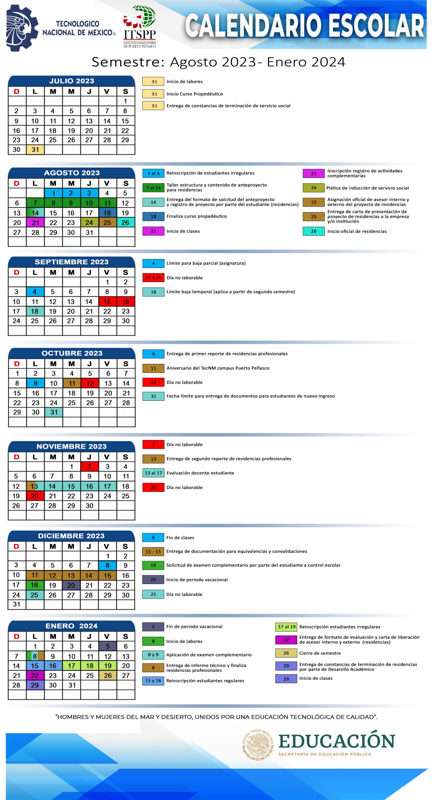 Calendario escolar para el período Agosto 2023 Enero 2025